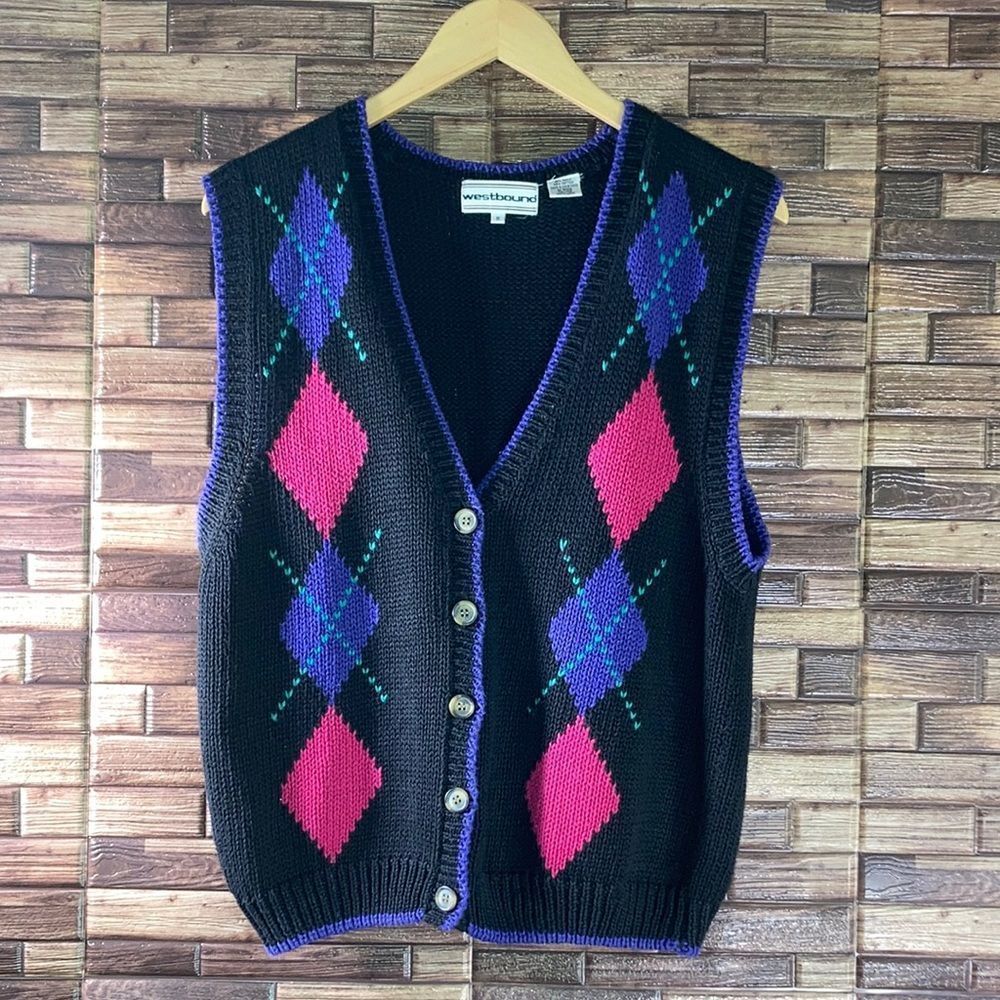 Ladies Vintage 80’s Westbound Sweater Vest Black w/ Purple Pink & Teal Medium